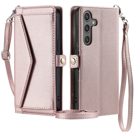 For Samsung Galaxy A16 5G / A16 4G Leather Case Wallet Stand Phone Cover with Straps - Rose Gold