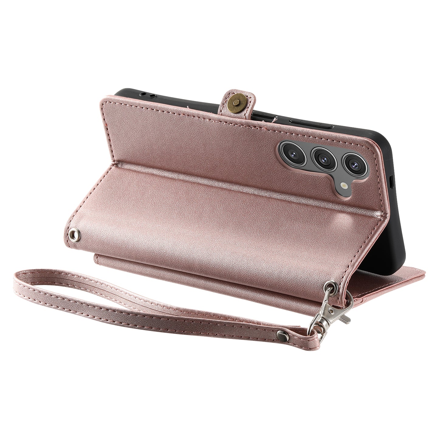 For Samsung Galaxy A16 5G / A16 4G Leather Case Wallet Stand Phone Cover with Straps - Rose Gold