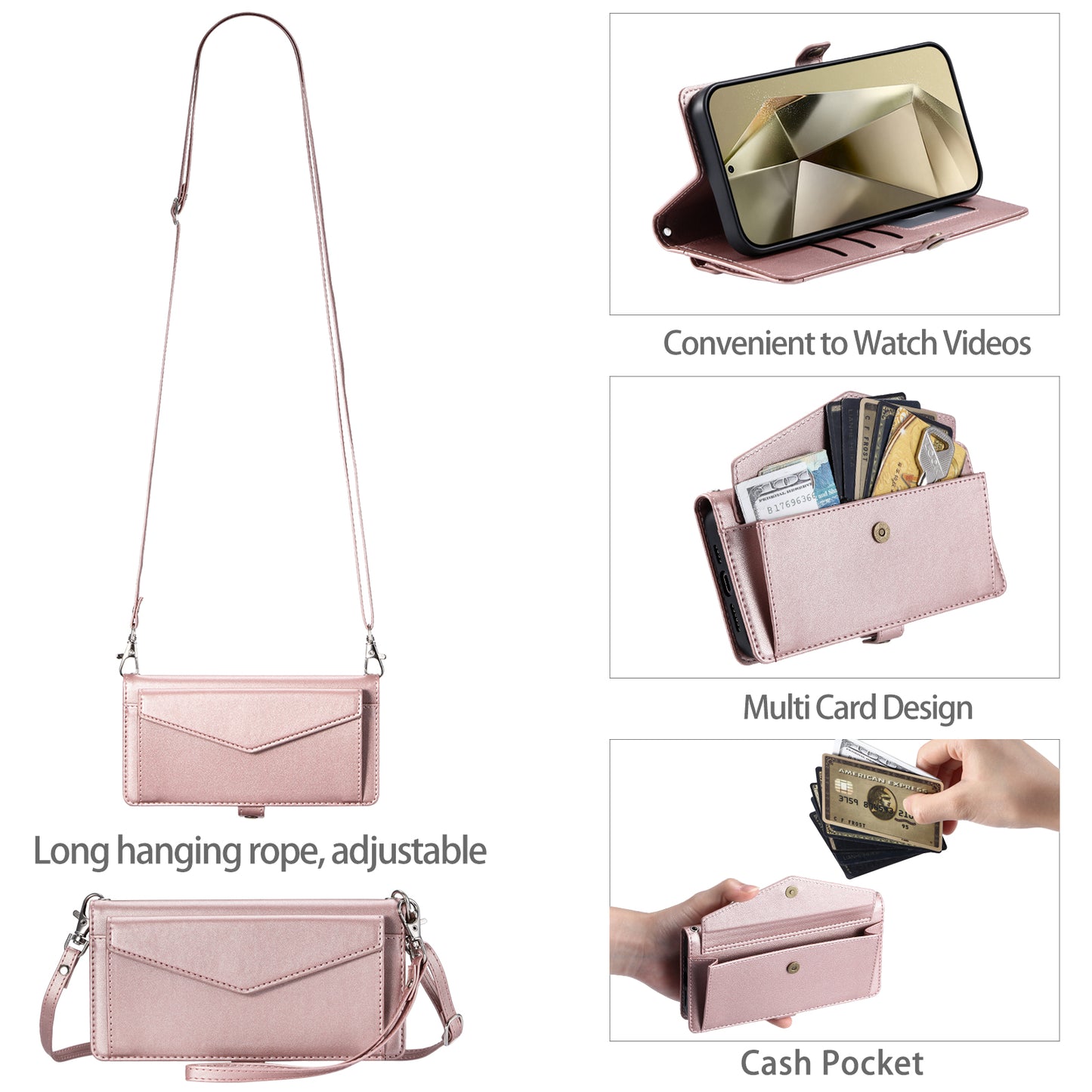 For Samsung Galaxy A16 5G / A16 4G Leather Case Wallet Stand Phone Cover with Straps - Rose Gold