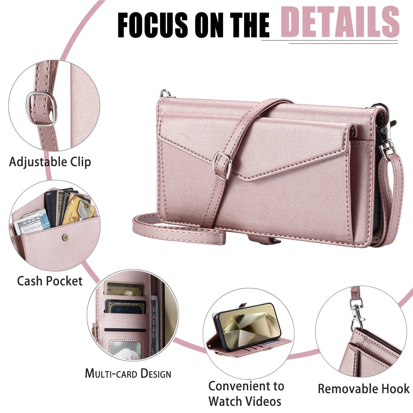 For Samsung Galaxy A16 5G / A16 4G Leather Case Wallet Stand Phone Cover with Straps - Rose Gold