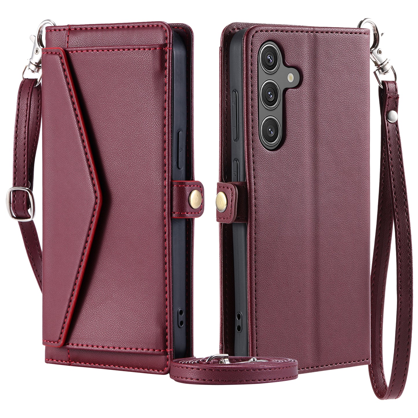 For Samsung Galaxy A16 5G / A16 4G Leather Case Wallet Stand Phone Cover with Straps - Wine Red