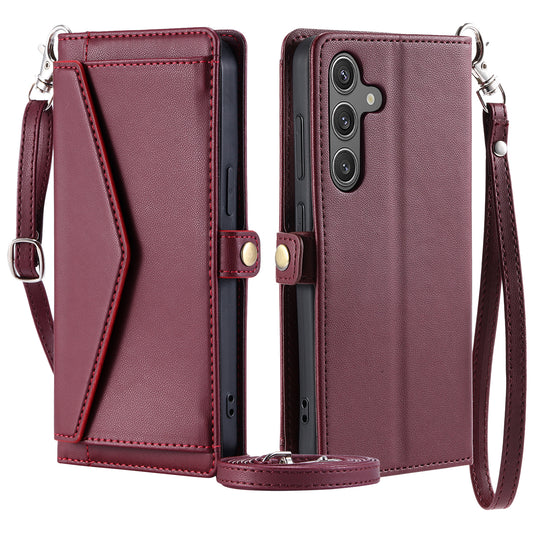 For Samsung Galaxy A16 5G / A16 4G Leather Case Wallet Stand Phone Cover with Straps - Wine Red