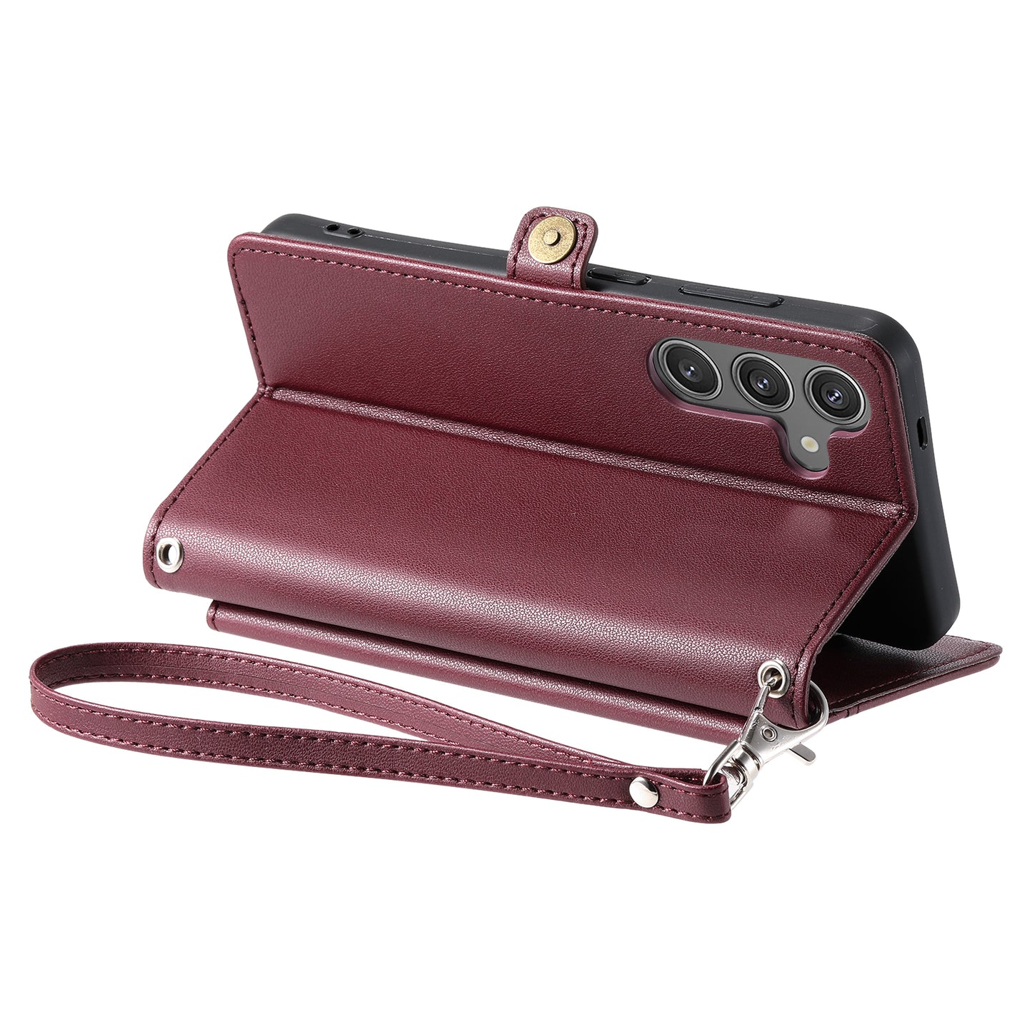 For Samsung Galaxy A16 5G / A16 4G Leather Case Wallet Stand Phone Cover with Straps - Wine Red