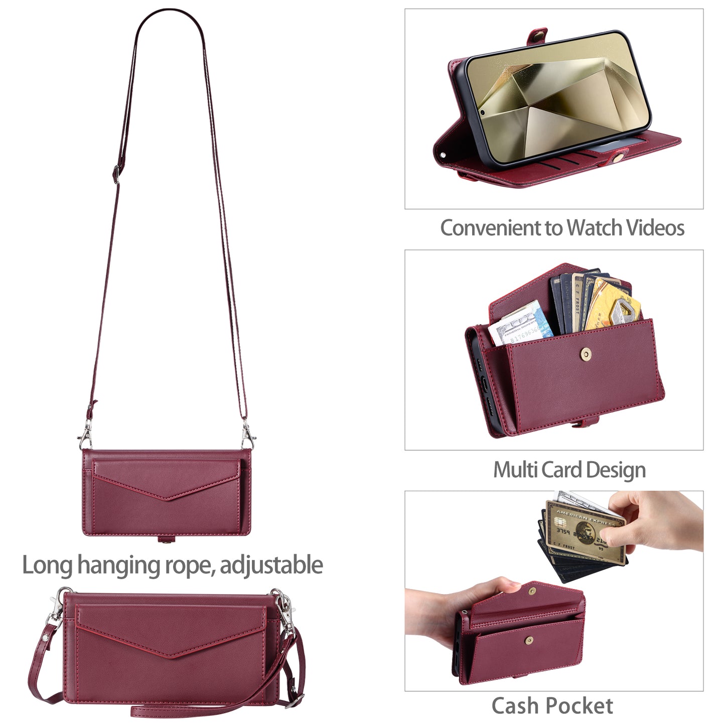 For Samsung Galaxy A16 5G / A16 4G Leather Case Wallet Stand Phone Cover with Straps - Wine Red