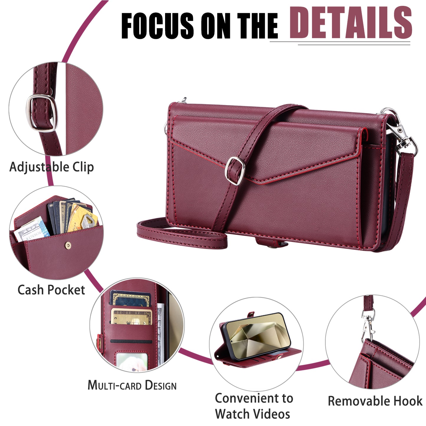 For Samsung Galaxy A16 5G / A16 4G Leather Case Wallet Stand Phone Cover with Straps - Wine Red