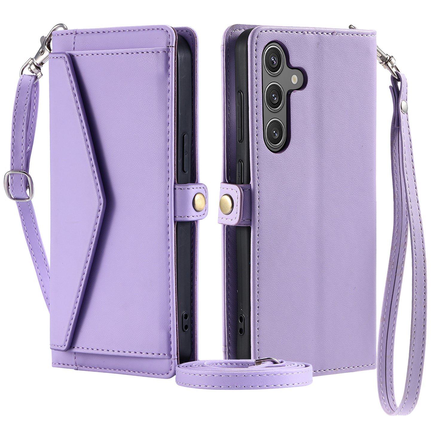 For Samsung Galaxy A16 5G / A16 4G Leather Case Wallet Stand Phone Cover with Straps - Purple