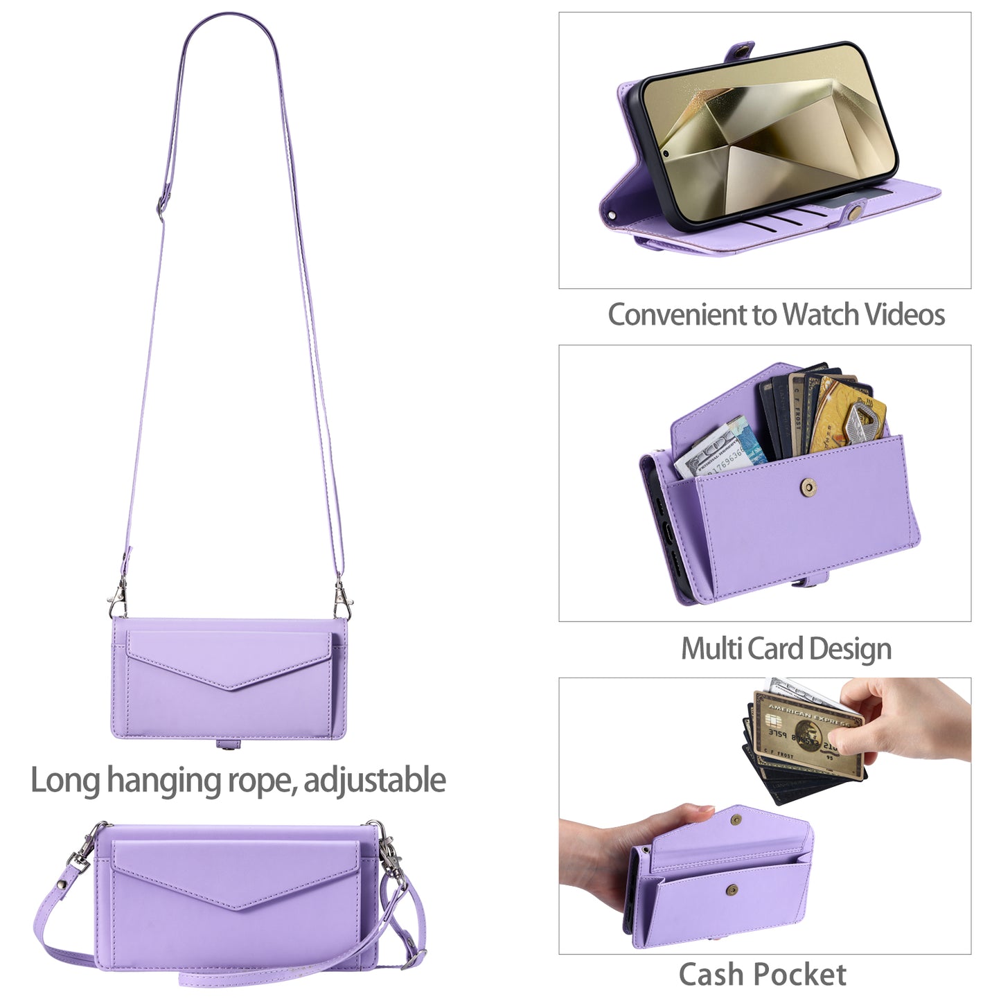 For Samsung Galaxy A16 5G / A16 4G Leather Case Wallet Stand Phone Cover with Straps - Purple