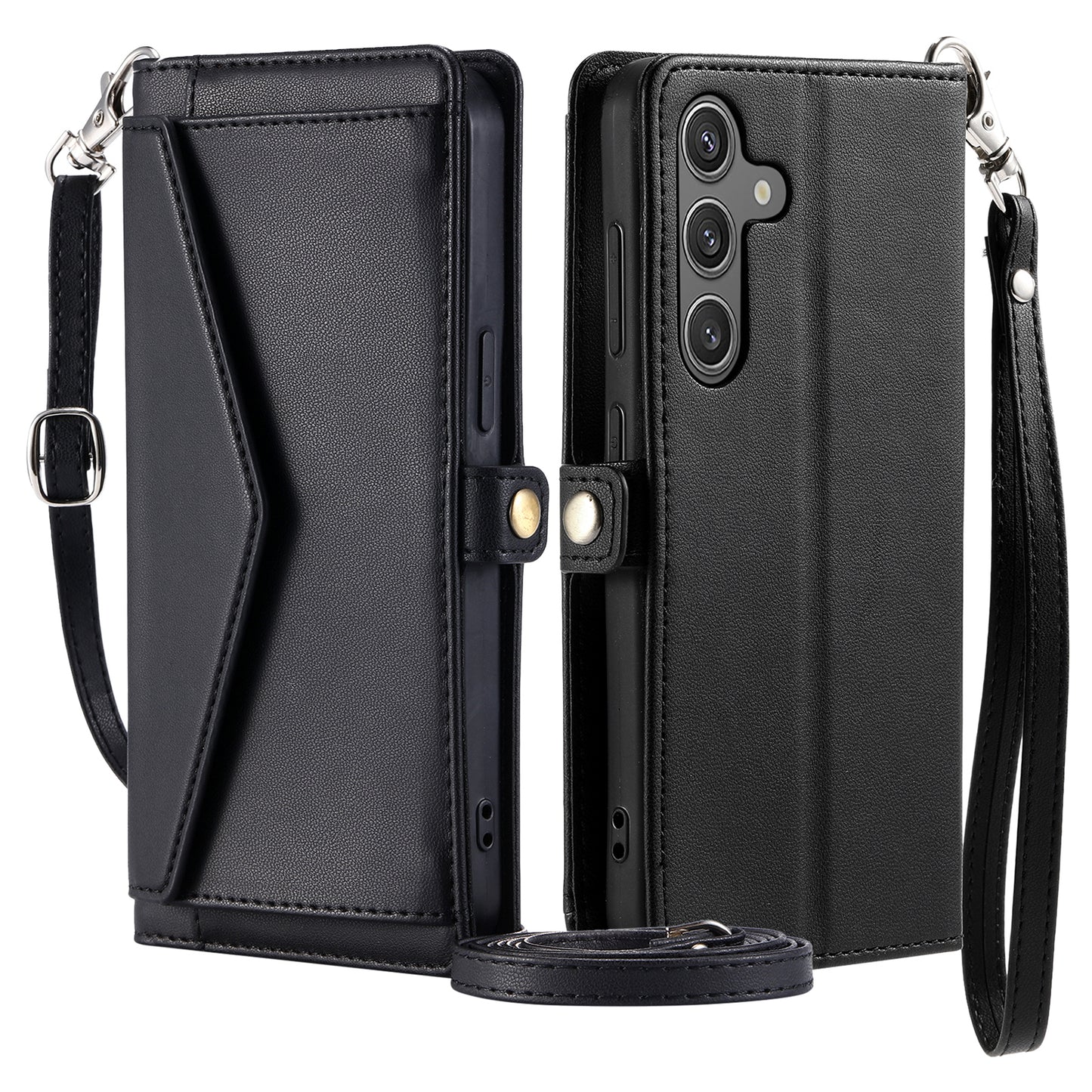 For Samsung Galaxy A16 5G / A16 4G Leather Case Wallet Stand Phone Cover with Straps - Black