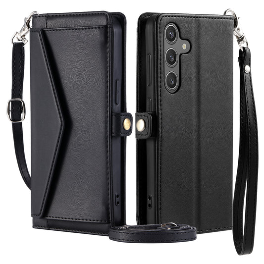 For Samsung Galaxy A16 5G / A16 4G Leather Case Wallet Stand Phone Cover with Straps - Black