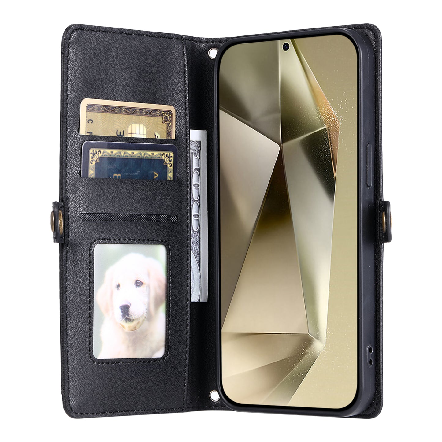 For Samsung Galaxy A16 5G / A16 4G Leather Case Wallet Stand Phone Cover with Straps - Black