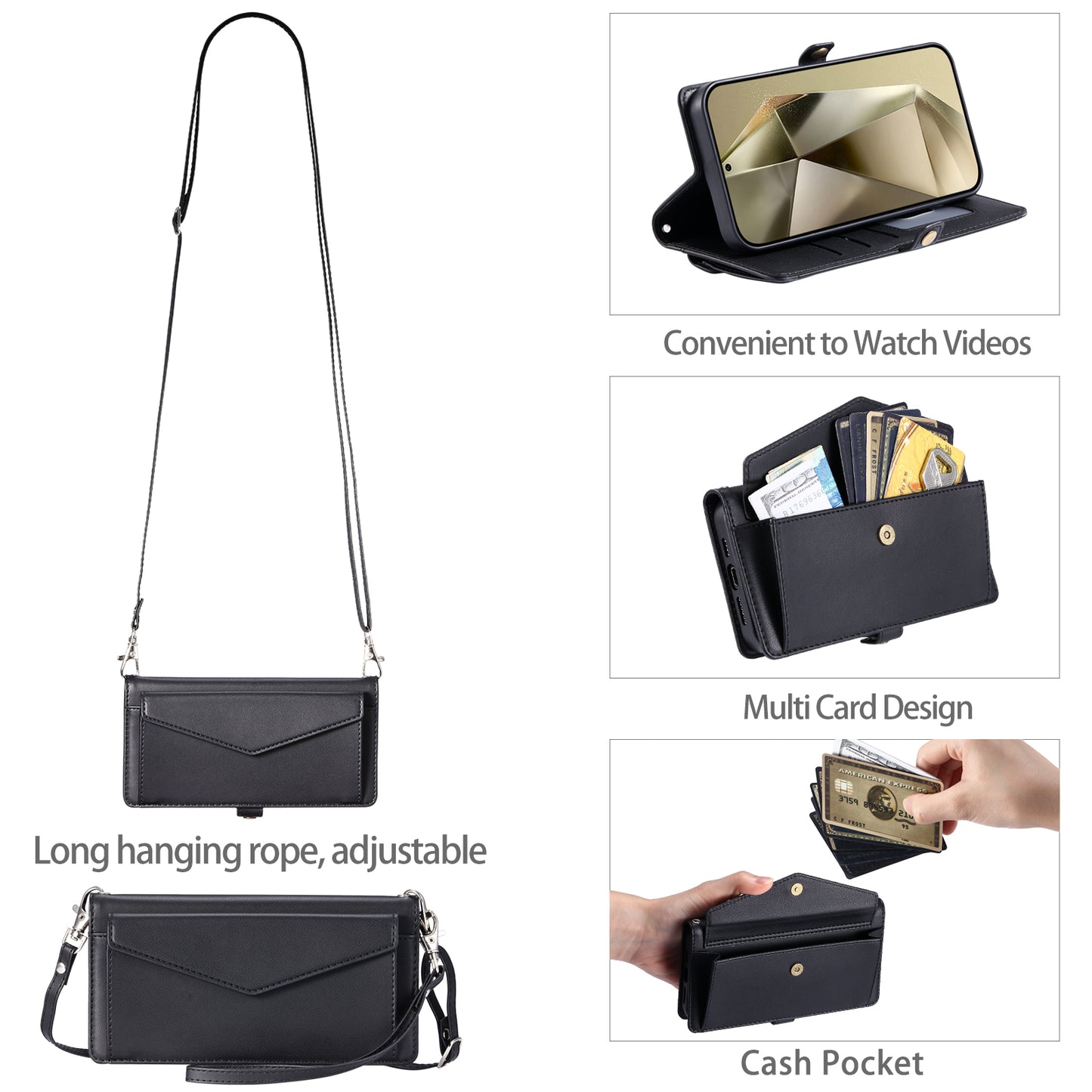 For Samsung Galaxy A16 5G / A16 4G Leather Case Wallet Stand Phone Cover with Straps - Black