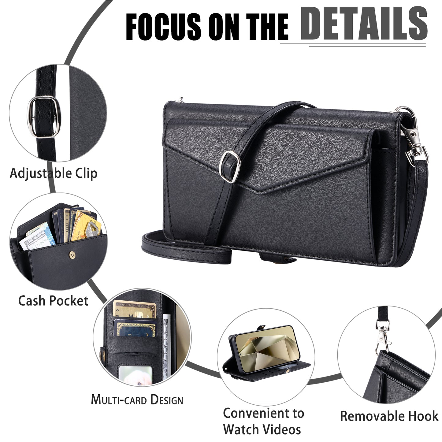 For Samsung Galaxy A16 5G / A16 4G Leather Case Wallet Stand Phone Cover with Straps - Black