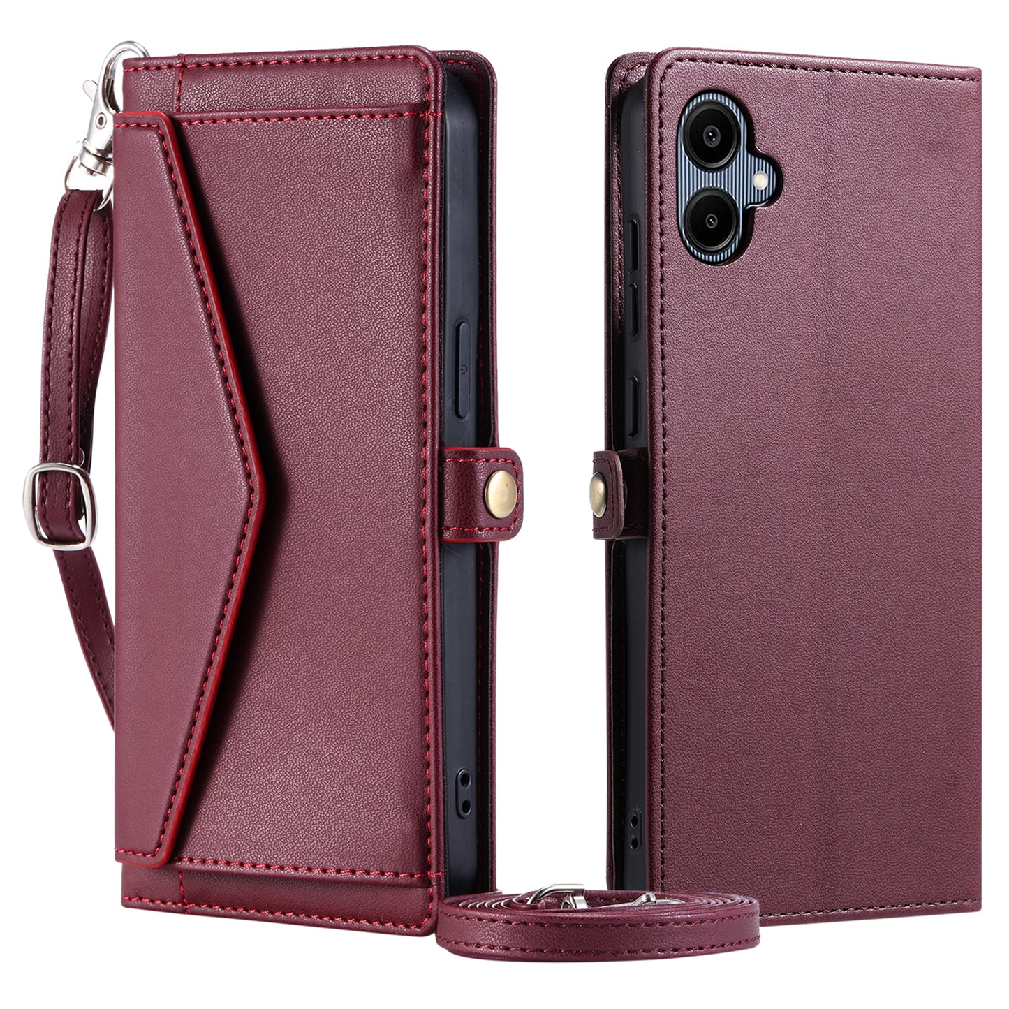 For Samsung Galaxy A06 Leather Case Wallet Stand Phone Cover with Straps - Wine Red