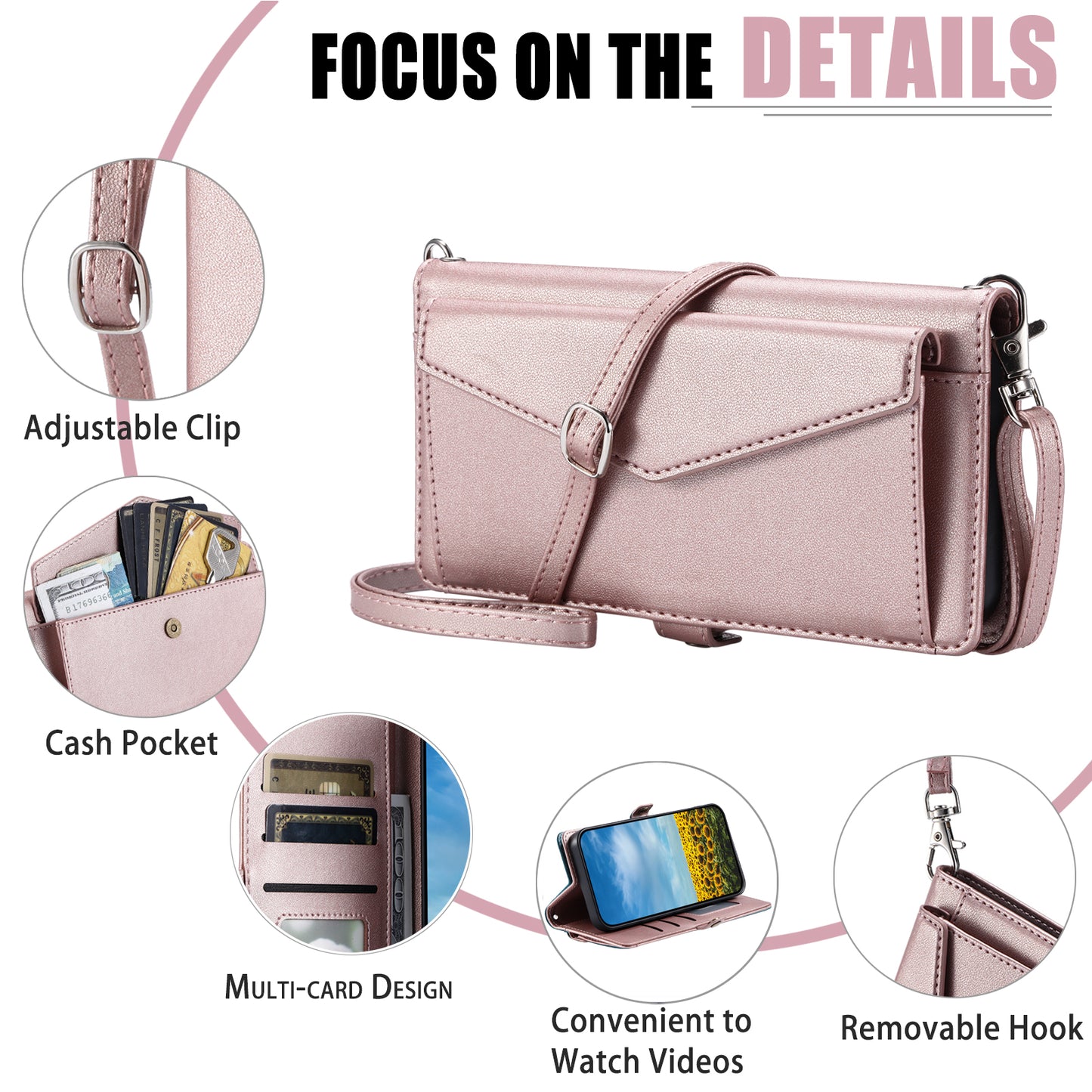 For Samsung Galaxy A06 Leather Case Wallet Stand Phone Cover with Straps - Rose Gold