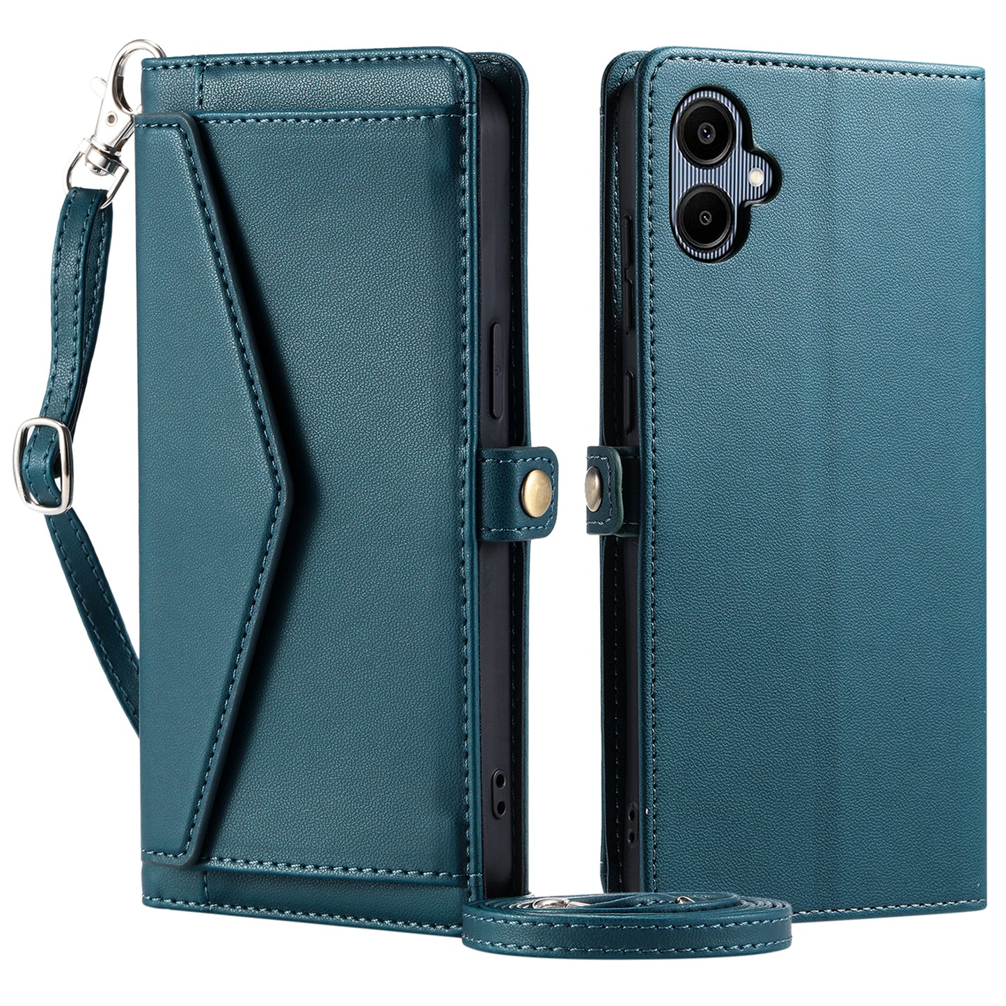 For Samsung Galaxy A06 Leather Case Wallet Stand Phone Cover with Straps - Blackish Green