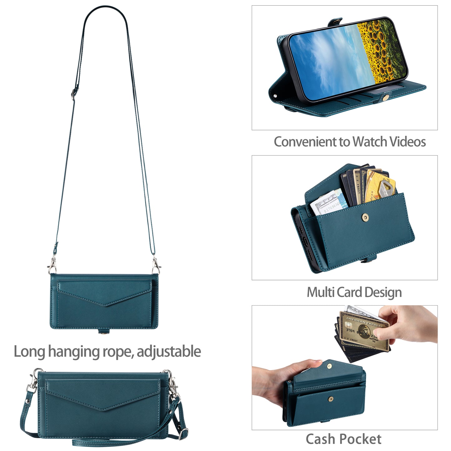 For Samsung Galaxy A06 Leather Case Wallet Stand Phone Cover with Straps - Blackish Green