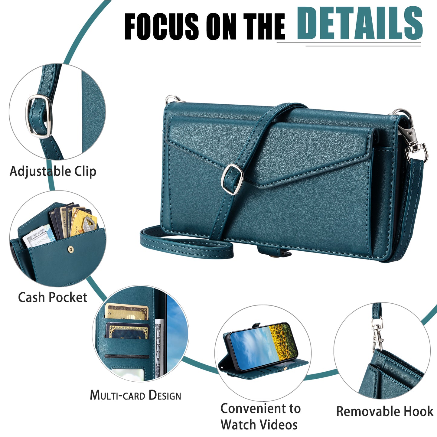 For Samsung Galaxy A06 Leather Case Wallet Stand Phone Cover with Straps - Blackish Green