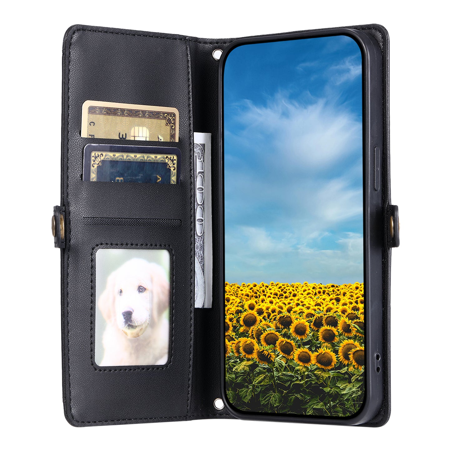 For Samsung Galaxy A06 Leather Case Wallet Stand Phone Cover with Straps - Black
