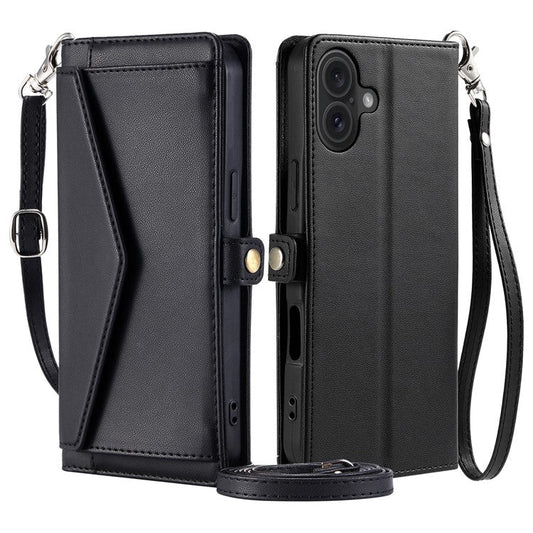 For iPhone 16 Plus Leather Case Wallet Stand Phone Cover with Straps - Black