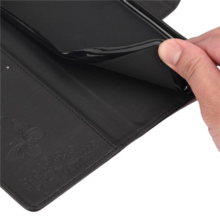 For OnePlus 10T 5G / Ace Pro 5G Big Butterflies Flower Pattern Imprinting Leather Case Magnetic Clasp Stand Wallet Cover with Strap - Black
