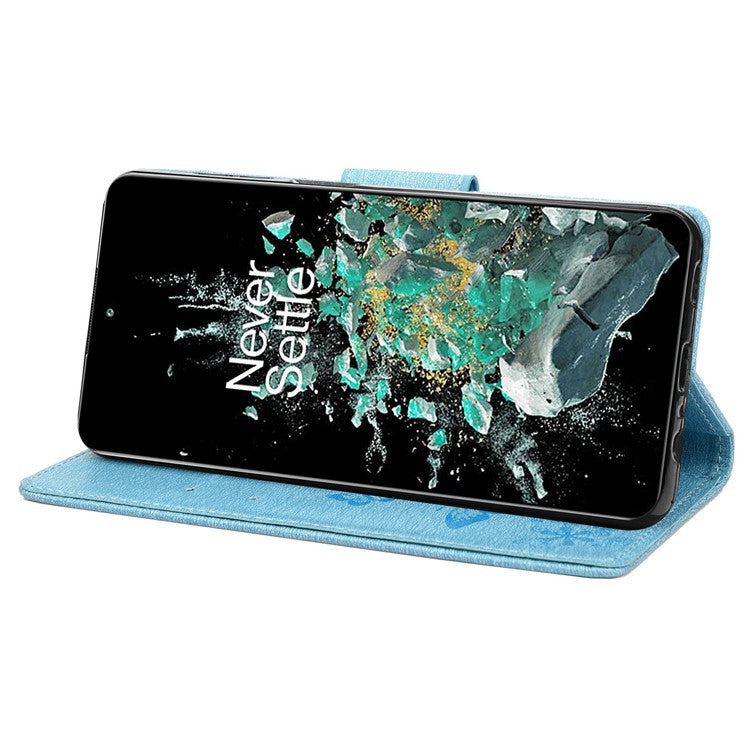For OnePlus 10T 5G / Ace Pro 5G Big Butterflies Flower Pattern Imprinting Leather Case Magnetic Clasp Stand Wallet Cover with Strap - Blue