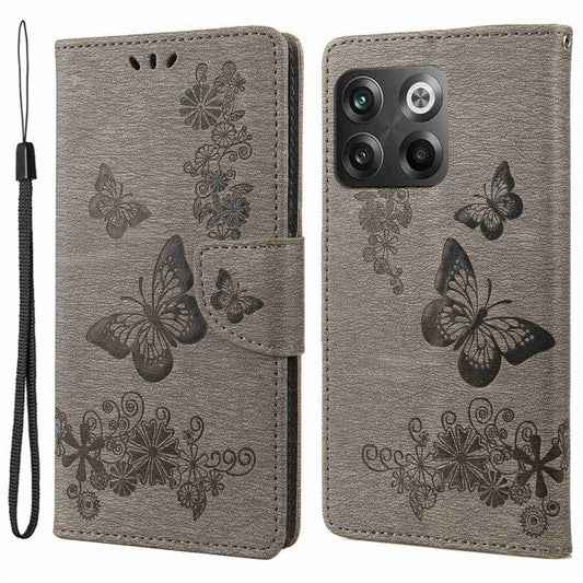 For OnePlus 10T 5G / Ace Pro 5G Big Butterflies Flower Pattern Imprinting Leather Case Magnetic Clasp Stand Wallet Cover with Strap - Grey