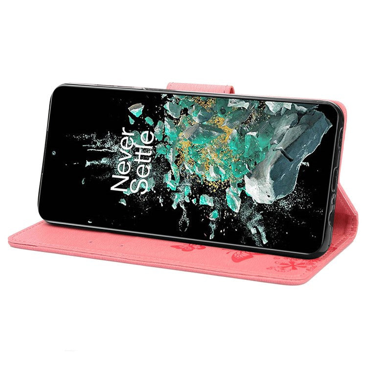 For OnePlus 10T 5G / Ace Pro 5G Big Butterflies Flower Pattern Imprinting Leather Case Magnetic Clasp Stand Wallet Cover with Strap - Pink