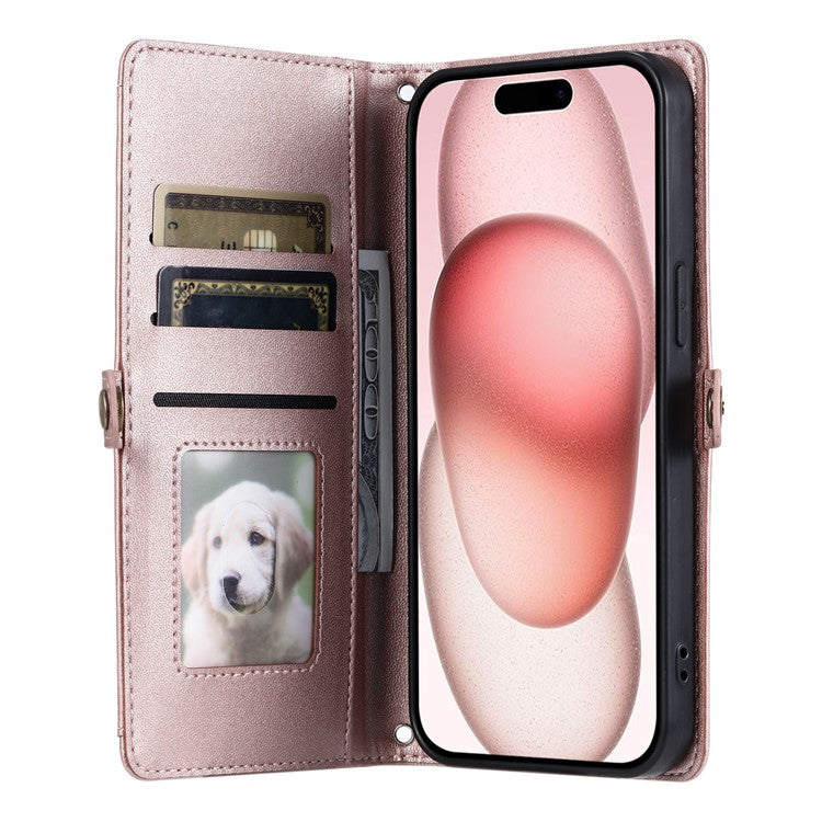 For iPhone 16 Leather Case Wallet Stand Phone Cover with Straps - Rose Gold