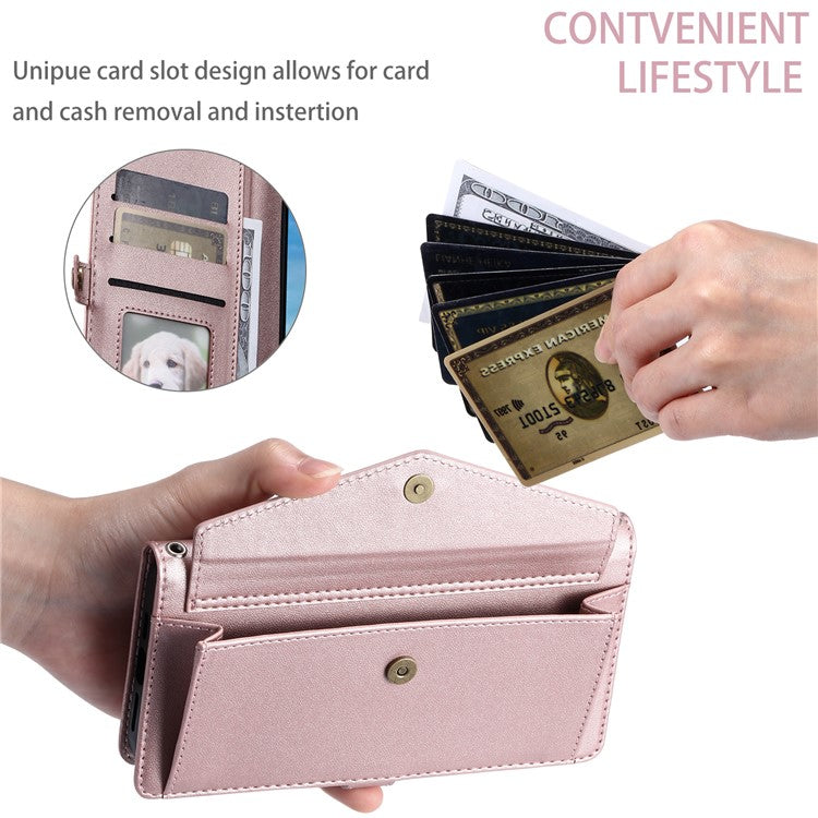For iPhone 16 Leather Case Wallet Stand Phone Cover with Straps - Rose Gold