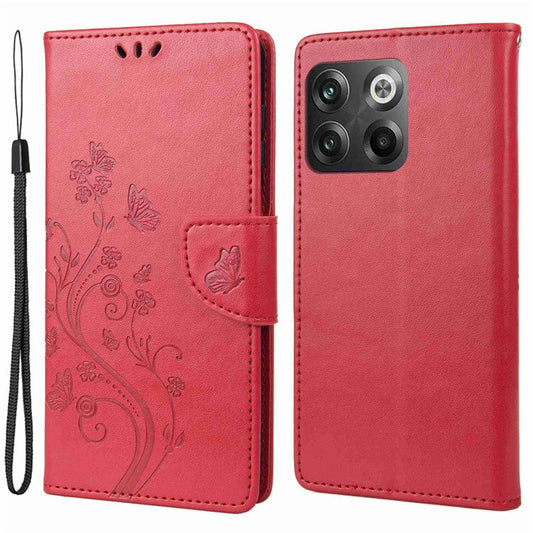 For OnePlus 10T 5G / Ace Pro 5G Wallet Stand PU Leather Imprinting Flower Butterflies Case Full Protection Inner TPU Phone Cover with Strap - Red