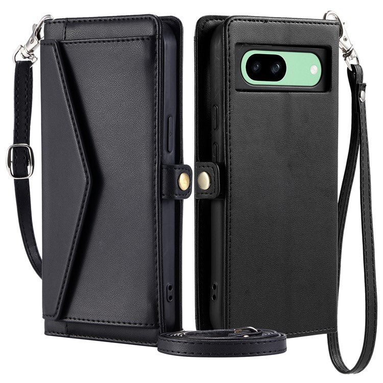 For Google Pixel 8a Leather Case Wallet Stand Phone Cover with Straps - Black