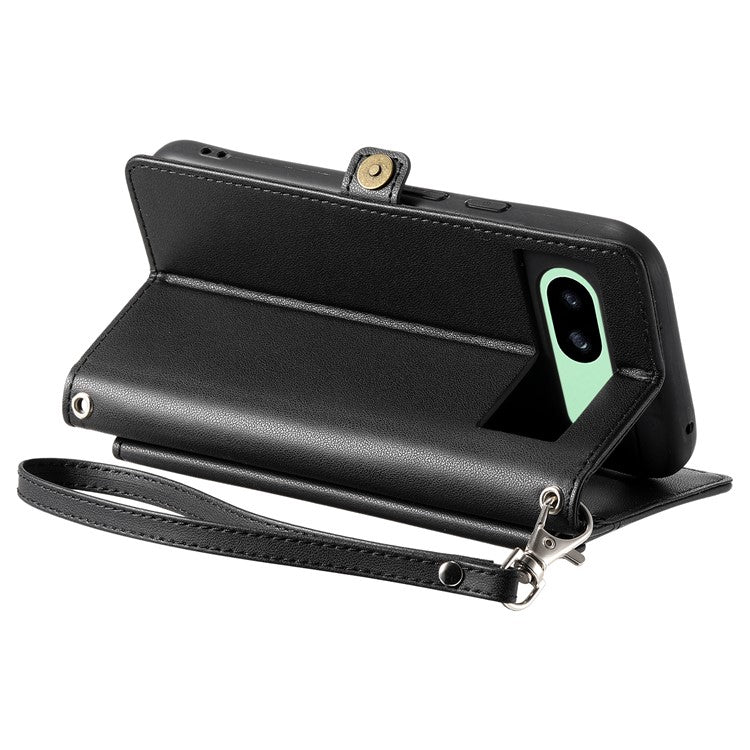 For Google Pixel 8a Leather Case Wallet Stand Phone Cover with Straps - Black