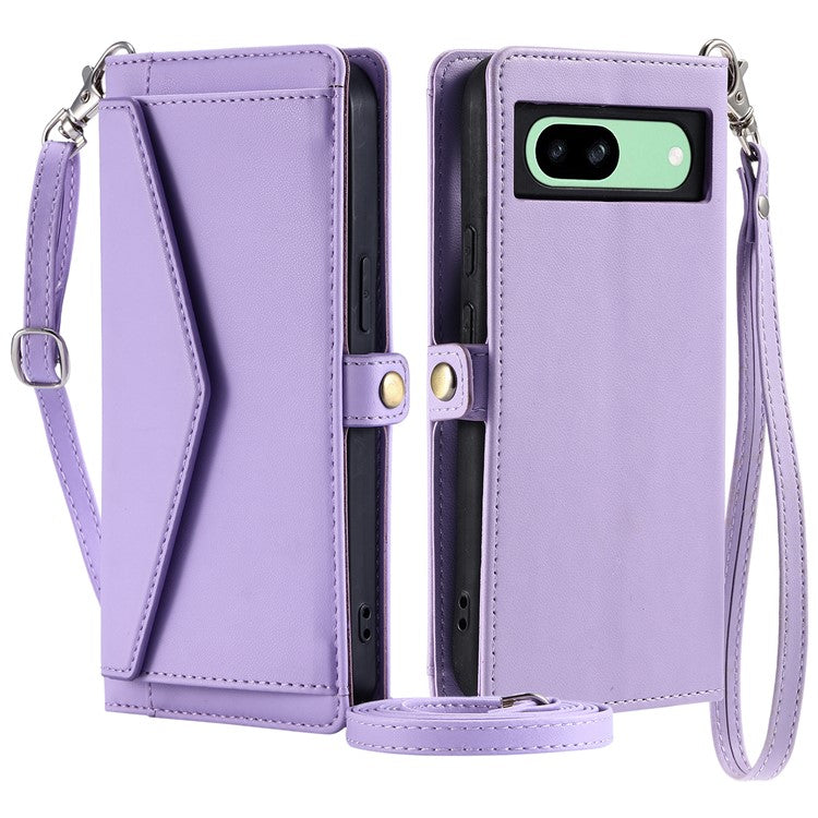 For Google Pixel 8a Leather Case Wallet Stand Phone Cover with Straps - Purple