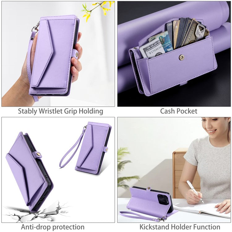 For Google Pixel 8a Leather Case Wallet Stand Phone Cover with Straps - Purple
