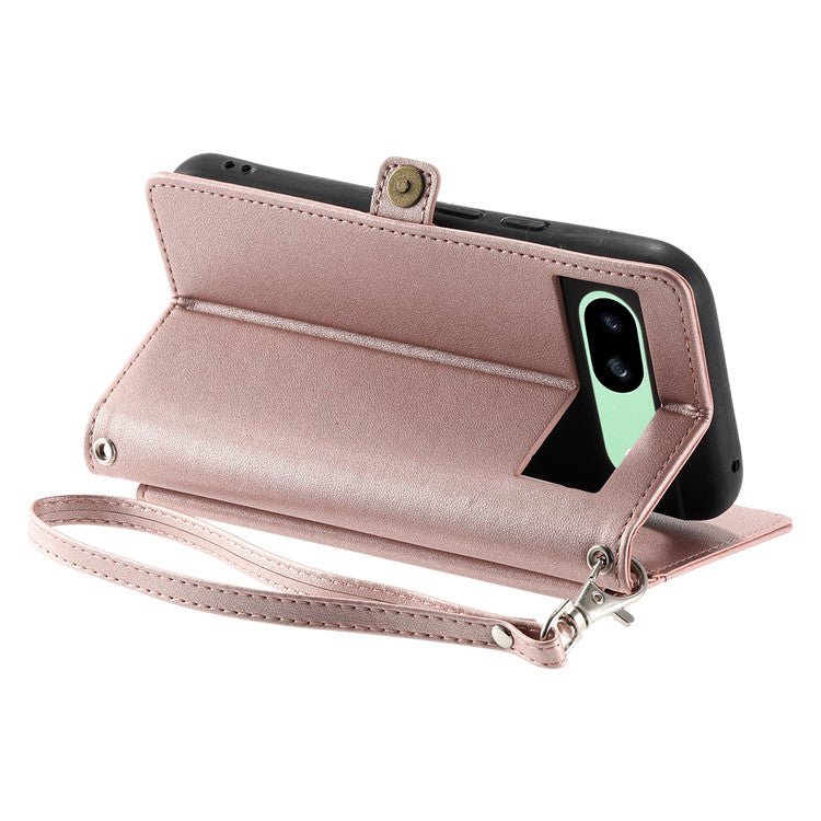 For Google Pixel 8a Leather Case Wallet Stand Phone Cover with Straps - Rose Gold