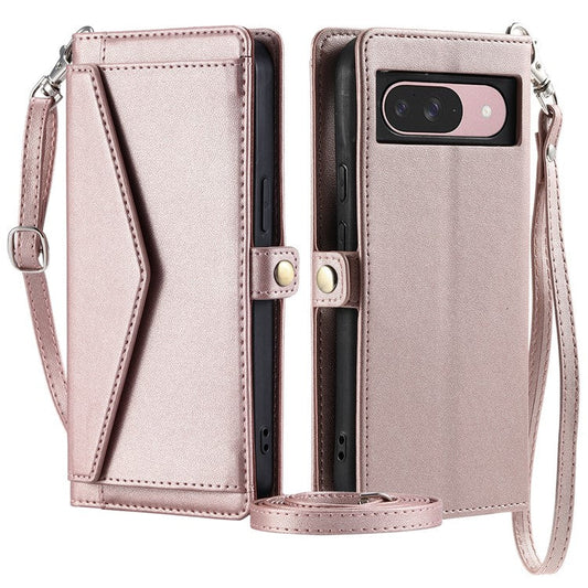 For Google Pixel 9 Pro  /  Pixel 9 Leather Case Wallet Stand Phone Cover with Straps - Rose Gold