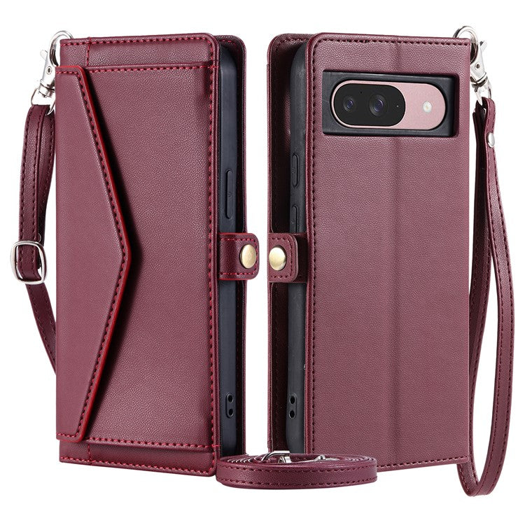For Google Pixel 9 Pro  /  Pixel 9 Leather Case Wallet Stand Phone Cover with Straps - Wine Red