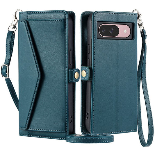 For Google Pixel 9 Pro  /  Pixel 9 Leather Case Wallet Stand Phone Cover with Straps - Blackish Green