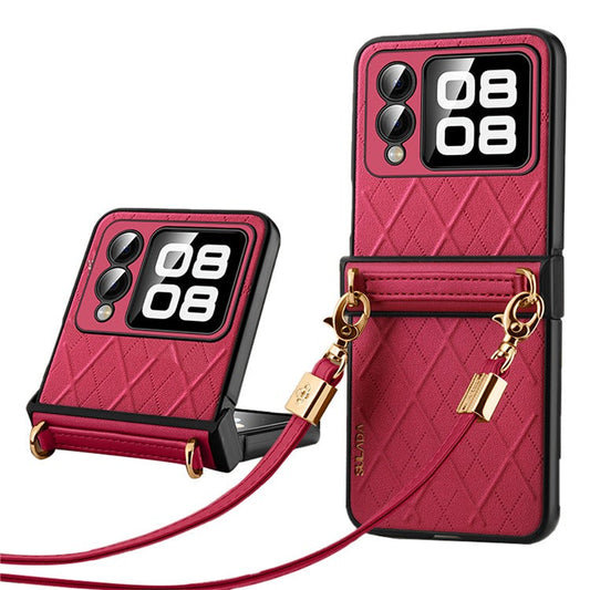 SULADA For Huawei nova Flip 5G Case Rhombus Leather+PC Phone Cover with Shoulder Strap - Red