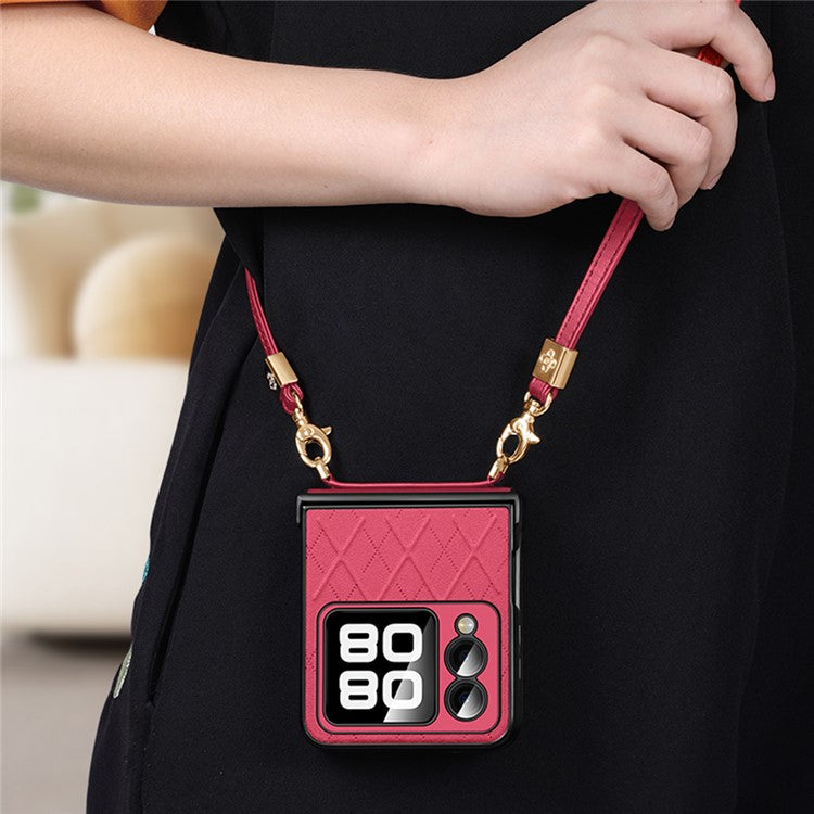 SULADA For Huawei nova Flip 5G Case Rhombus Leather+PC Phone Cover with Shoulder Strap - Red
