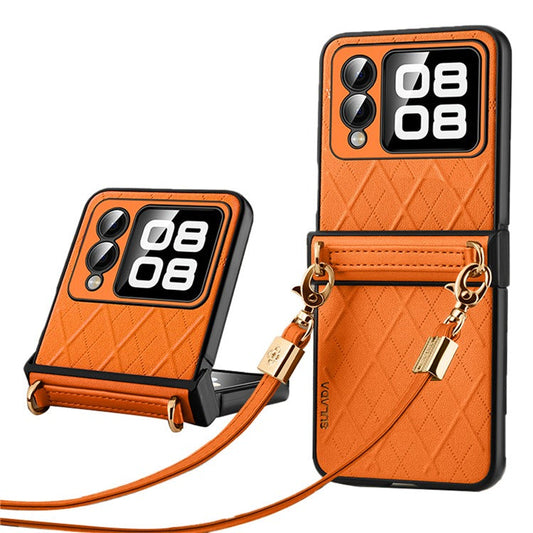 SULADA For Huawei nova Flip 5G Case Rhombus Leather+PC Phone Cover with Shoulder Strap - Orange