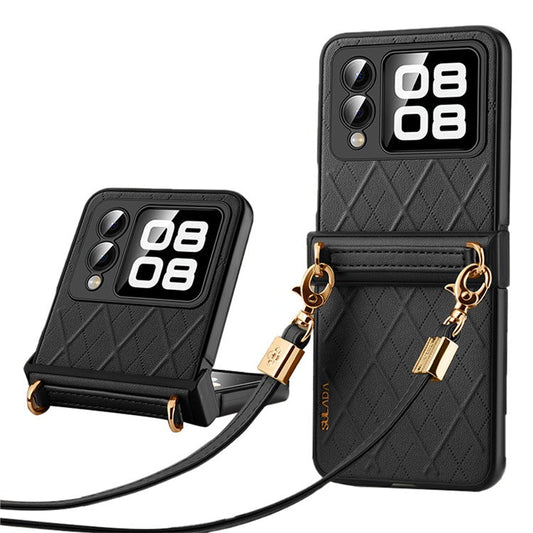 SULADA For Huawei nova Flip 5G Case Rhombus Leather+PC Phone Cover with Shoulder Strap - Black