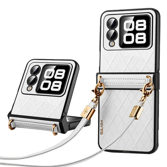 SULADA For Huawei nova Flip 5G Case Rhombus Leather+PC Phone Cover with Shoulder Strap - White