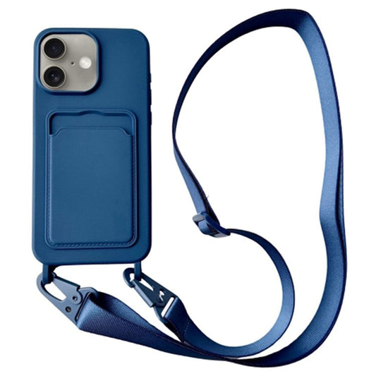 For iPhone 16 Plus Case Liquid Silicone Card Slot Soft Phone Cover with Lanyard Strap - Navy Blue
