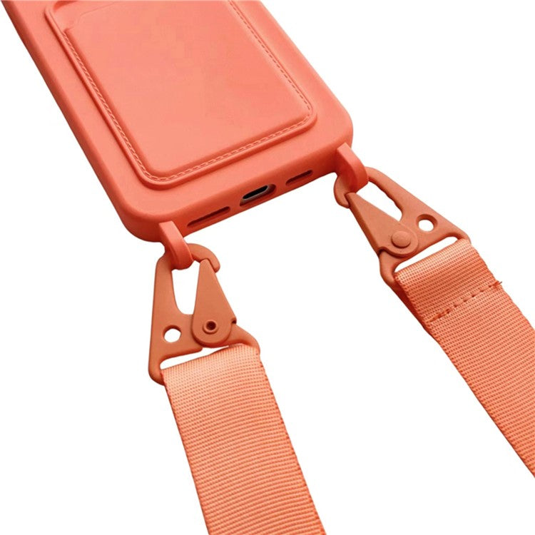 For iPhone 16 Pro Case Liquid Silicone Card Slot Soft Phone Cover with Lanyard Strap - Wine Red