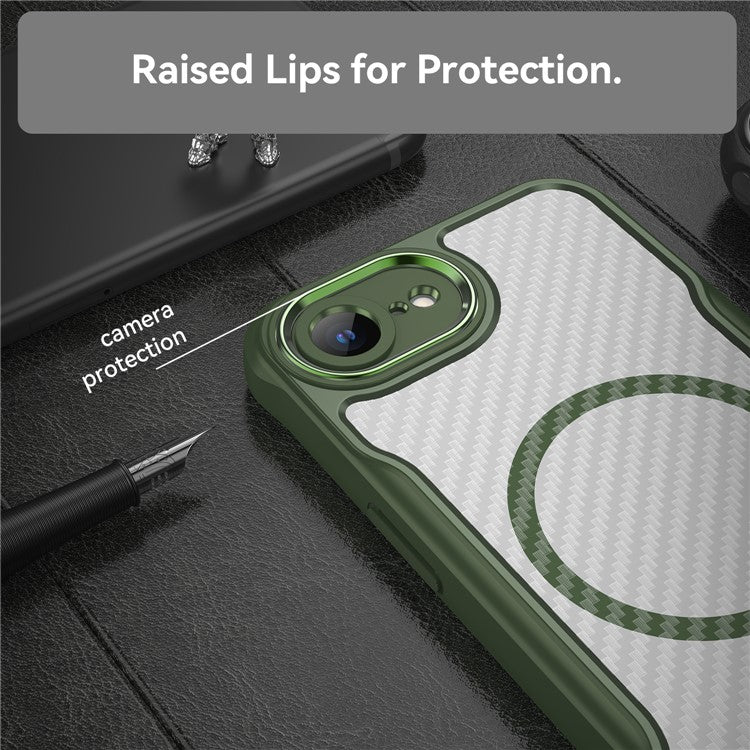 For iPhone 16e Case TPU+PC Carbon Fiber Phone Cover Compatible with MagSafe - Green