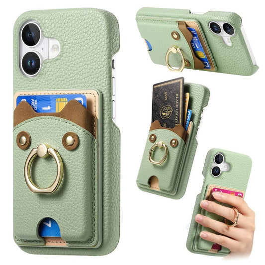 Y6 For iPhone 16 Plus Case Cute Bear Design PU Leather+TPU Card Holder Phone Cover - Light Green