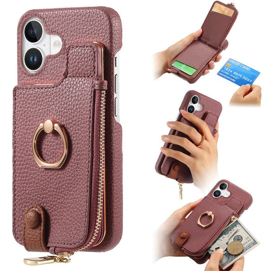 Y3 For iPhone 16 Plus Case Card Holder Kickstand Leather+TPU Phone Cover with Zipper Pocket - Purple