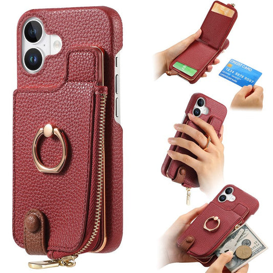 Y3 For iPhone 16 Plus Case Card Holder Kickstand Leather+TPU Phone Cover with Zipper Pocket - Red