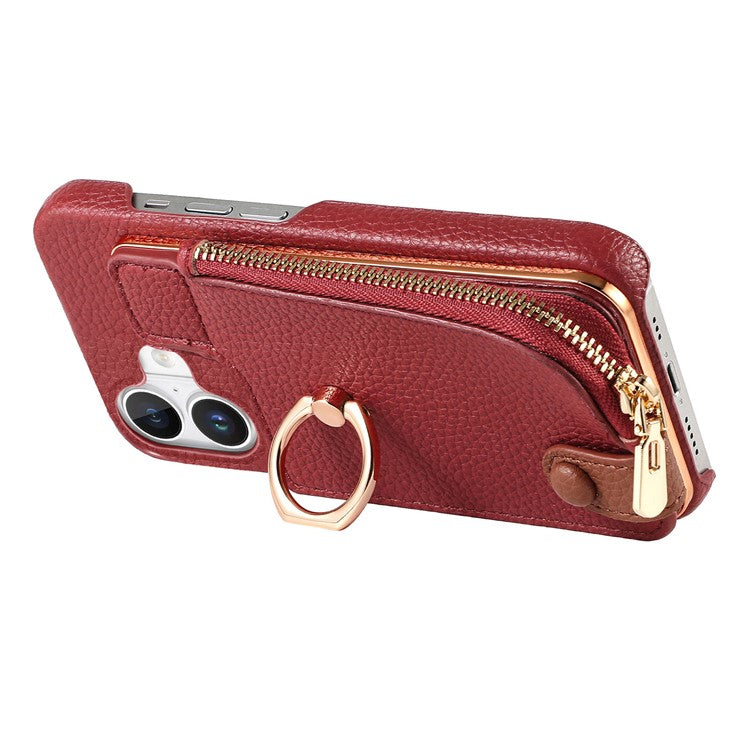 Y3 For iPhone 16 Plus Case Card Holder Kickstand Leather+TPU Phone Cover with Zipper Pocket - Red
